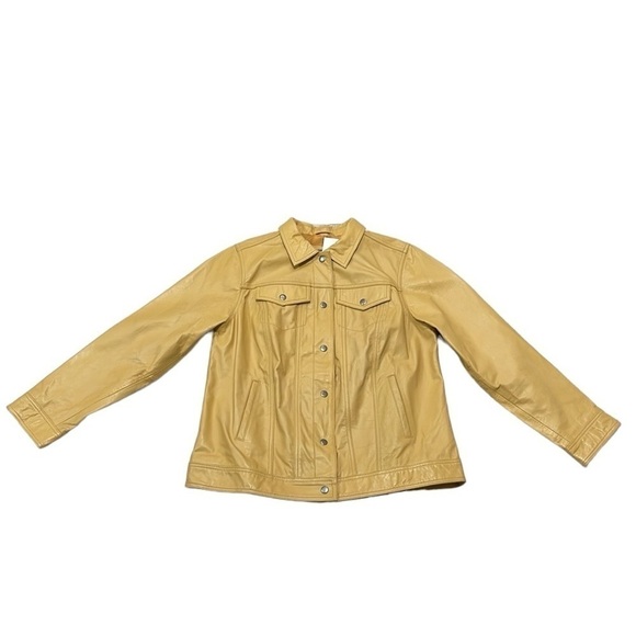 Jessica London Jacket Women's 12 Yellow NWT Leather Coat Snap Buttons Collared - Picture 4 of 17